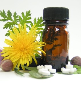 dandelion, capsules, and brown bottle