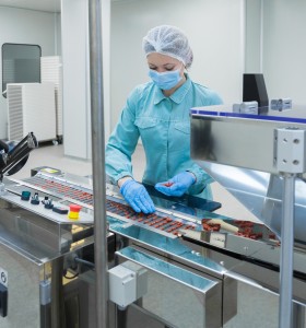 woman worker in protective clothing operating production of tablets in sterile environment