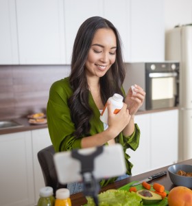 Smiling Woman Looking at Vitamins in kitchen