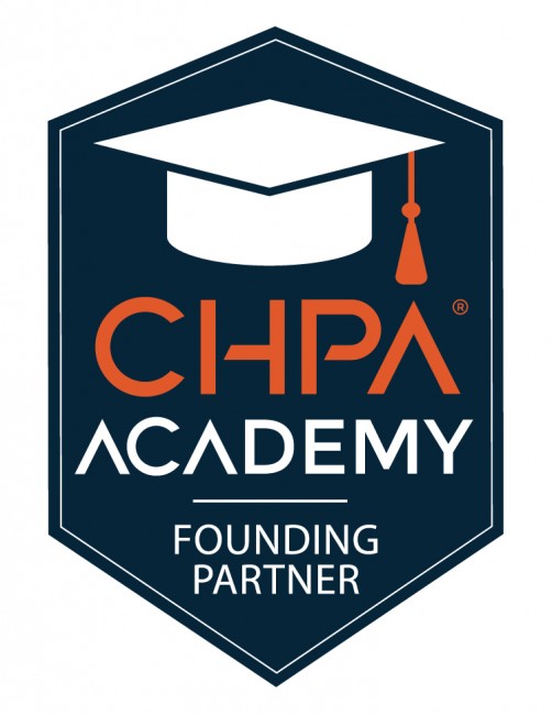 badge with white graduates cap and CHPA Academy Founding Partner text
